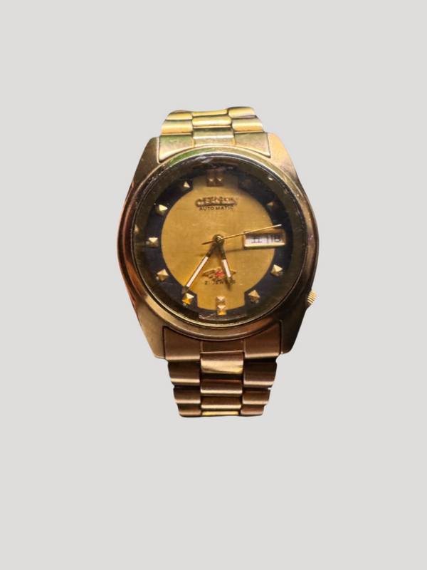 Vintage 1986 Citizen Automatic Mens Gold Watch W/daydate & Black accents