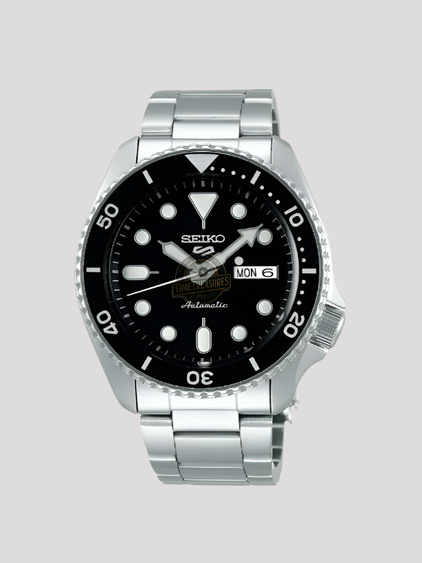 Seiko 5 Sports Automatic Day Date Black Dial Silver Steel Strap Watch for Men - SRPD55K1